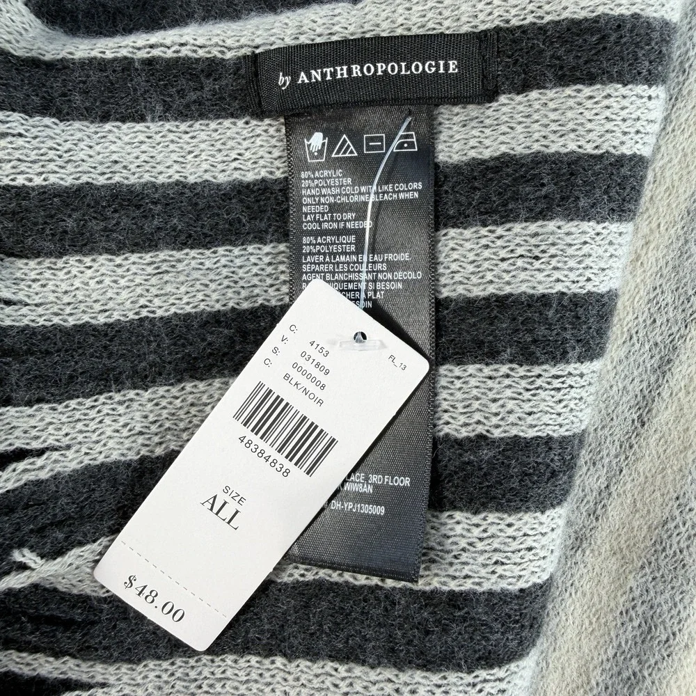 Anthropologie Long Fringed Scarf Wrap Knit Gray Striped Warm Soft Reversible NEW